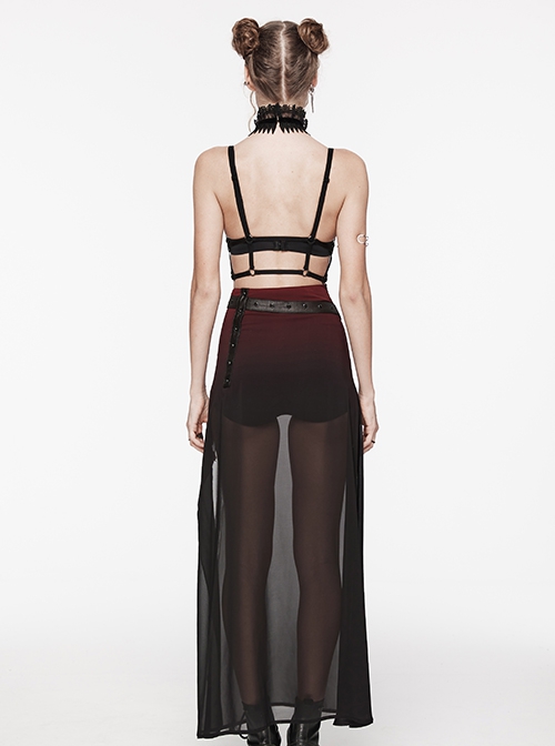 Black And Red See Through High Slit Chiffon Patchwork Tapered Belt Gothic Style Daily Skirt