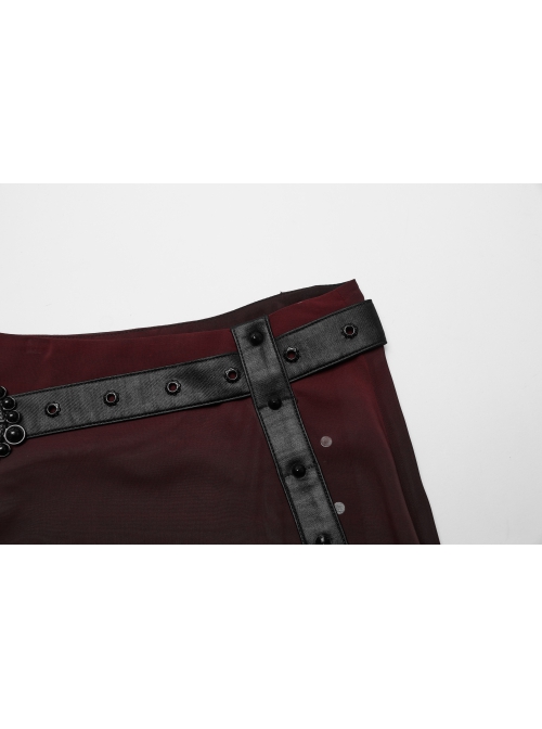 Black And Red See Through High Slit Chiffon Patchwork Tapered Belt Gothic Style Daily Skirt