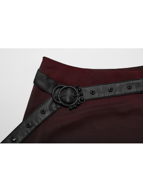 Black And Red See Through High Slit Chiffon Patchwork Tapered Belt Gothic Style Daily Skirt