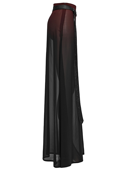 Black And Red See Through High Slit Chiffon Patchwork Tapered Belt Gothic Style Daily Skirt