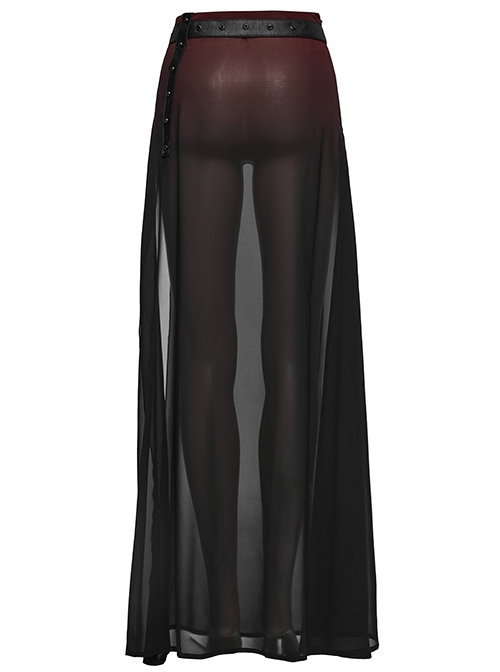 Black And Red See Through High Slit Chiffon Patchwork Tapered Belt Gothic Style Daily Skirt