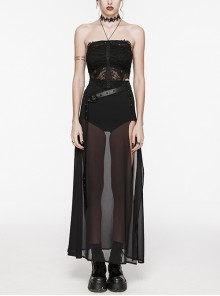 Black See Through High Slit Chiffon Patchwork Tapered Belt Gothic Style Daily Skirt