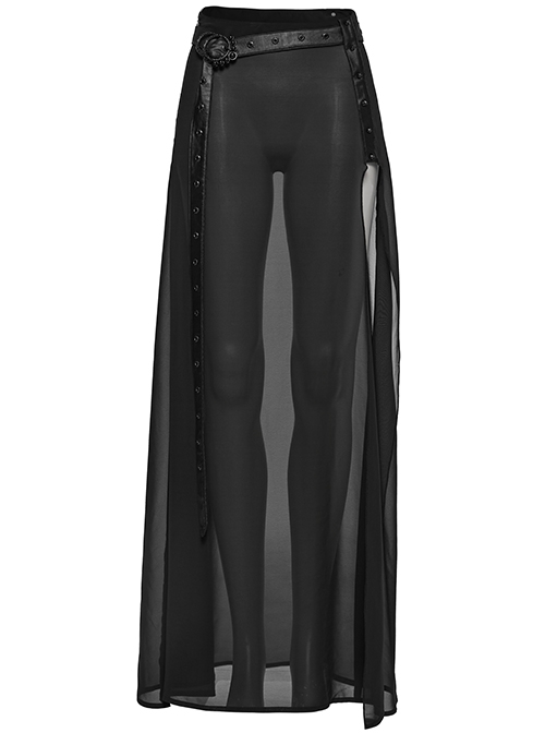 Black See Through High Slit Chiffon Patchwork Tapered Belt Gothic Style Daily Skirt