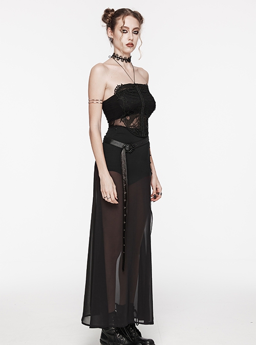 Black See Through High Slit Chiffon Patchwork Tapered Belt Gothic Style Daily Skirt