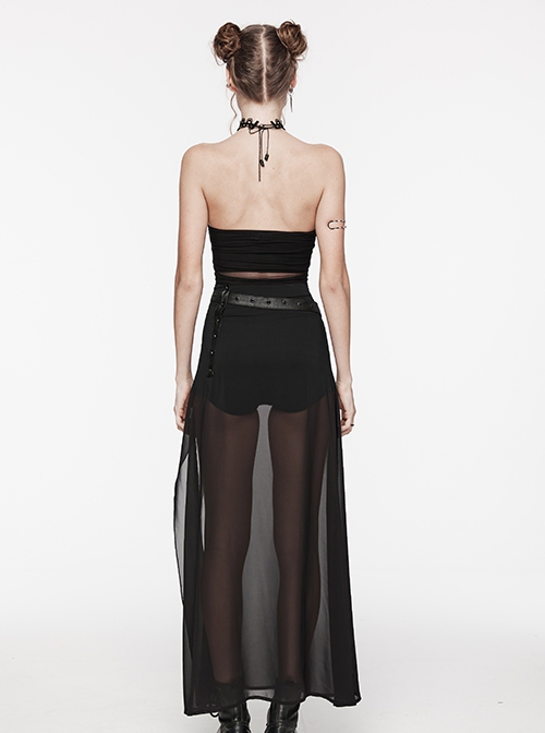 Black See Through High Slit Chiffon Patchwork Tapered Belt Gothic Style Daily Skirt