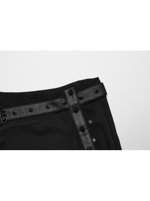 Black See Through High Slit Chiffon Patchwork Tapered Belt Gothic Style Daily Skirt