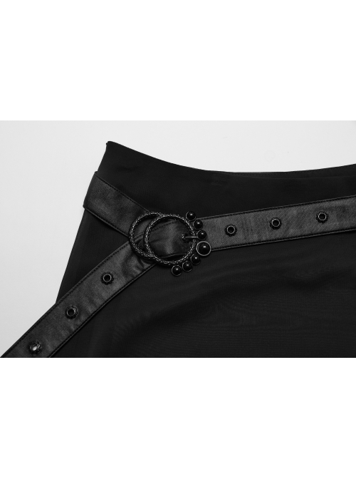 Black See Through High Slit Chiffon Patchwork Tapered Belt Gothic Style Daily Skirt