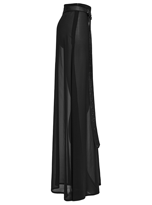 Black See Through High Slit Chiffon Patchwork Tapered Belt Gothic Style Daily Skirt