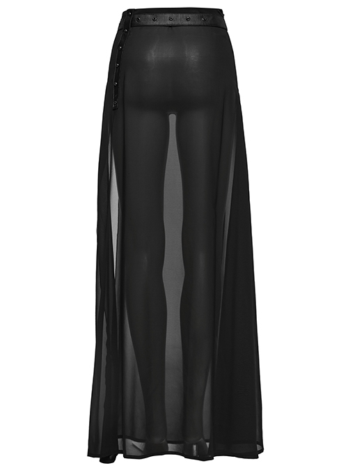 Black See Through High Slit Chiffon Patchwork Tapered Belt Gothic Style Daily Skirt