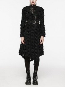 Retro Black Twill Ripped Mesh With Independent Belt Punk Style Asymmetrical Hooded Jacket