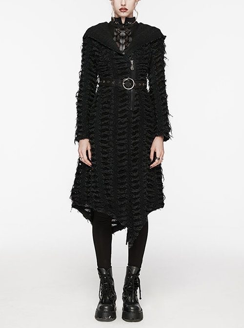 Retro Black Twill Ripped Mesh With Independent Belt Punk Style Asymmetrical Hooded Jacket
