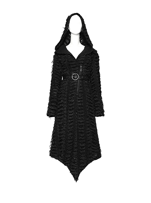 Retro Black Twill Ripped Mesh With Independent Belt Punk Style Asymmetrical Hooded Jacket