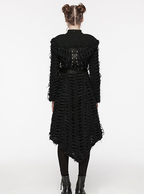 Retro Black Twill Ripped Mesh With Independent Belt Punk Style Asymmetrical Hooded Jacket