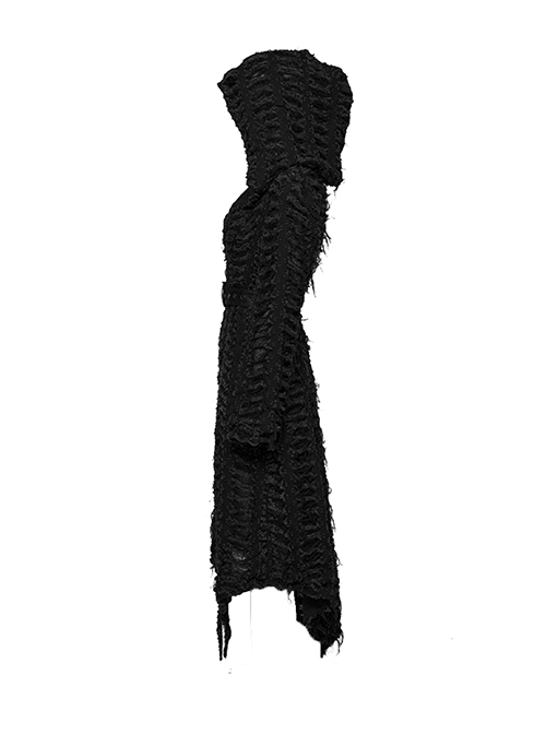 Retro Black Twill Ripped Mesh With Independent Belt Punk Style Asymmetrical Hooded Jacket