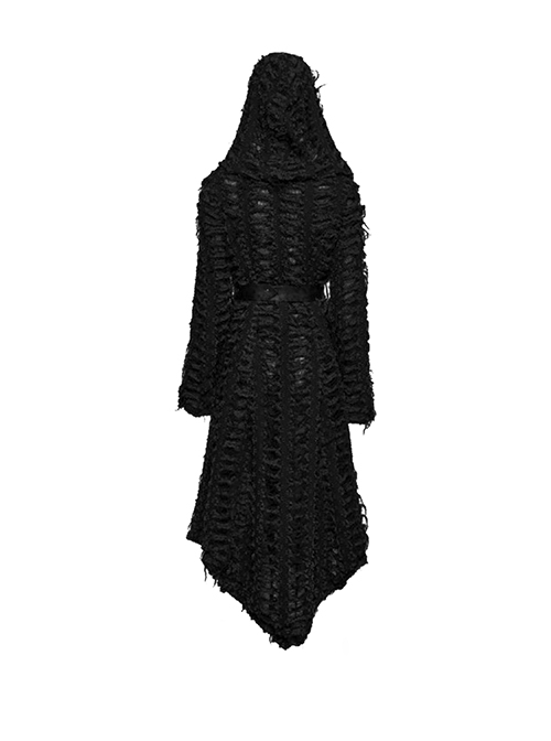 Retro Black Twill Ripped Mesh With Independent Belt Punk Style Asymmetrical Hooded Jacket