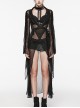 Black See Through Chiffon With Lapel Crackle Leather Side Cross Lace Tie Rope Gothic Style Flowing Jacket