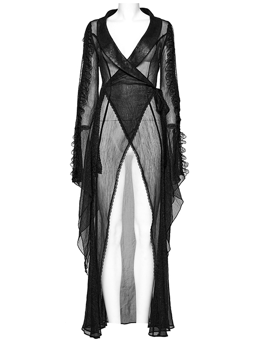 Black See Through Chiffon With Lapel Crackle Leather Side Cross Lace Tie Rope Gothic Style Flowing Jacket