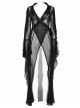 Black See Through Chiffon With Lapel Crackle Leather Side Cross Lace Tie Rope Gothic Style Flowing Jacket