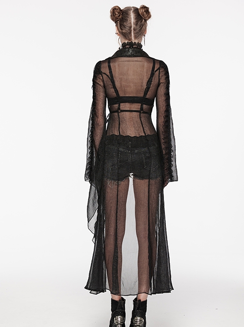 Black See Through Chiffon With Lapel Crackle Leather Side Cross Lace Tie Rope Gothic Style Flowing Jacket