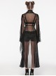Black See Through Chiffon With Lapel Crackle Leather Side Cross Lace Tie Rope Gothic Style Flowing Jacket