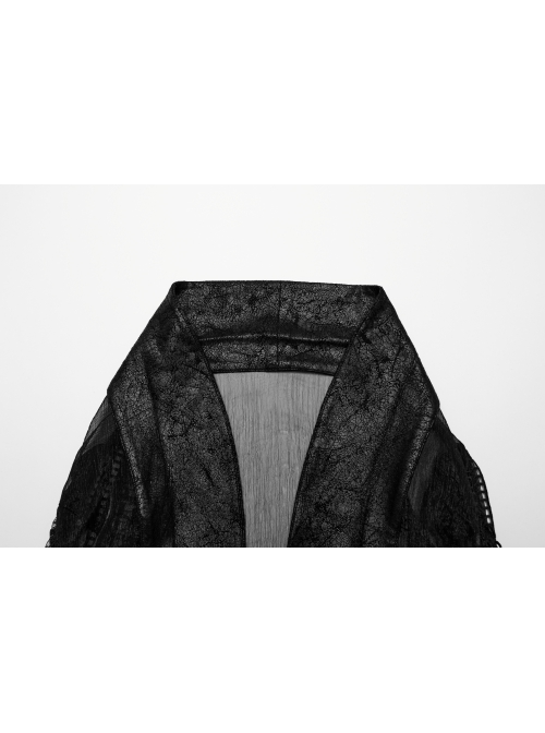 Black See Through Chiffon With Lapel Crackle Leather Side Cross Lace Tie Rope Gothic Style Flowing Jacket