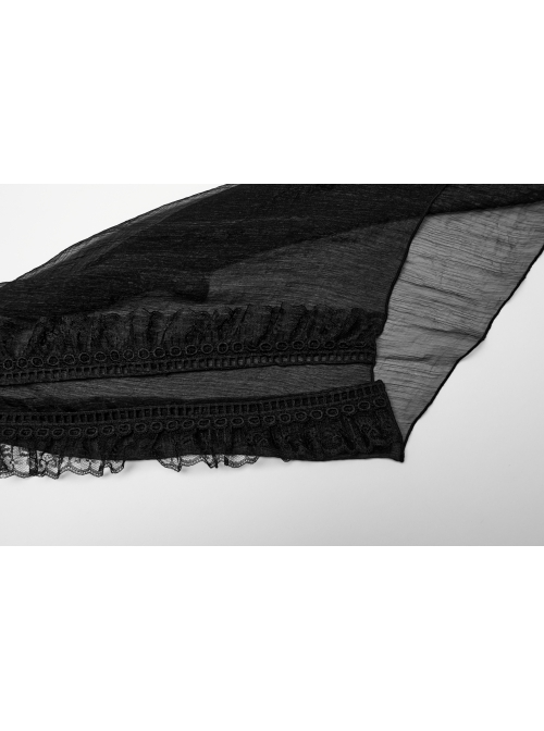 Black See Through Chiffon With Lapel Crackle Leather Side Cross Lace Tie Rope Gothic Style Flowing Jacket