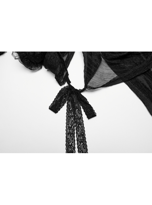 Black See Through Chiffon With Lapel Crackle Leather Side Cross Lace Tie Rope Gothic Style Flowing Jacket