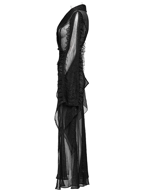 Black See Through Chiffon With Lapel Crackle Leather Side Cross Lace Tie Rope Gothic Style Flowing Jacket
