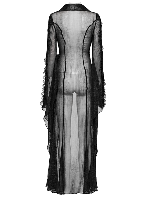 Black See Through Chiffon With Lapel Crackle Leather Side Cross Lace Tie Rope Gothic Style Flowing Jacket