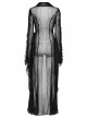 Black See Through Chiffon With Lapel Crackle Leather Side Cross Lace Tie Rope Gothic Style Flowing Jacket