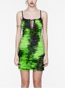 Black And Green Tie Dye Patchwork Taped Knit Front Drawstring Punk Style Hip Hugging Suspender Dress