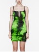 Black And Green Tie Dye Patchwork Taped Knit Front Drawstring Punk Style Hip Hugging Suspender Dress