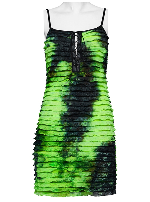 Black And Green Tie Dye Patchwork Taped Knit Front Drawstring Punk Style Hip Hugging Suspender Dress