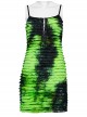 Black And Green Tie Dye Patchwork Taped Knit Front Drawstring Punk Style Hip Hugging Suspender Dress