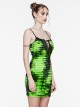Black And Green Tie Dye Patchwork Taped Knit Front Drawstring Punk Style Hip Hugging Suspender Dress