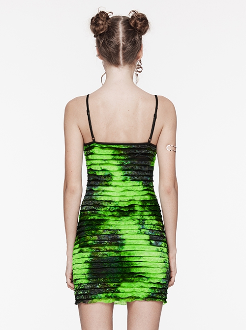 Black And Green Tie Dye Patchwork Taped Knit Front Drawstring Punk Style Hip Hugging Suspender Dress