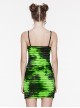 Black And Green Tie Dye Patchwork Taped Knit Front Drawstring Punk Style Hip Hugging Suspender Dress