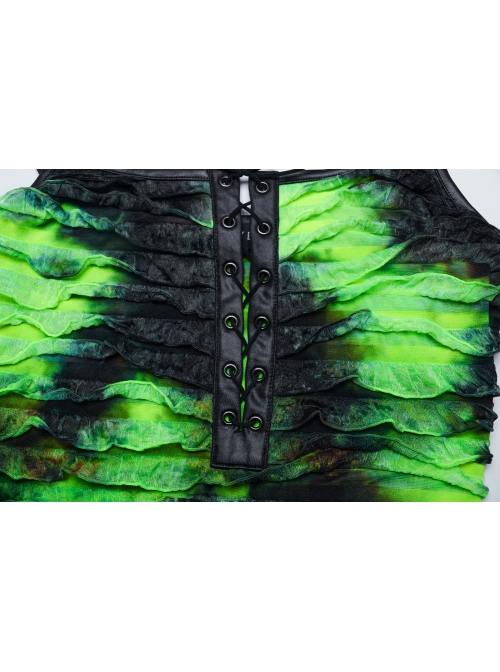 Black And Green Tie Dye Patchwork Taped Knit Front Drawstring Punk Style Hip Hugging Suspender Dress