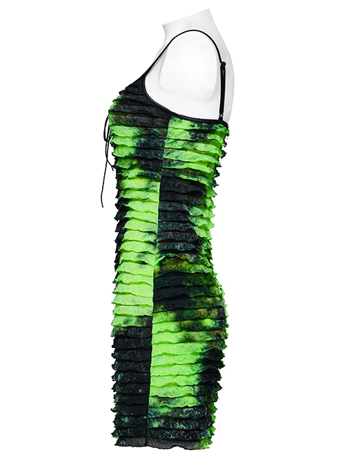 Black And Green Tie Dye Patchwork Taped Knit Front Drawstring Punk Style Hip Hugging Suspender Dress