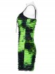 Black And Green Tie Dye Patchwork Taped Knit Front Drawstring Punk Style Hip Hugging Suspender Dress