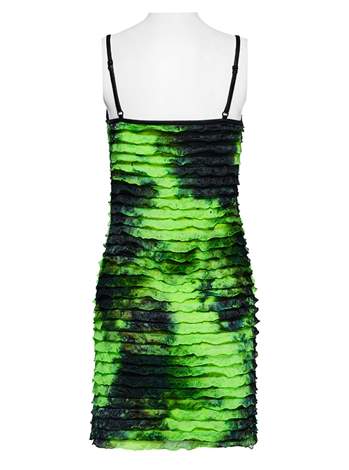 Black And Green Tie Dye Patchwork Taped Knit Front Drawstring Punk Style Hip Hugging Suspender Dress