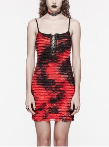 Red And Black Tie Dye Patchwork Taped Knit Front Drawstring Punk Style Hip Hugging Suspender Dress