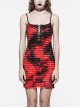 Red And Black Tie Dye Patchwork Taped Knit Front Drawstring Punk Style Hip Hugging Suspender Dress