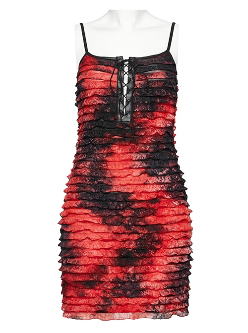 Red And Black Tie Dye Patchwork Taped Knit Front Drawstring Punk Style Hip Hugging Suspender Dress