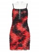 Red And Black Tie Dye Patchwork Taped Knit Front Drawstring Punk Style Hip Hugging Suspender Dress