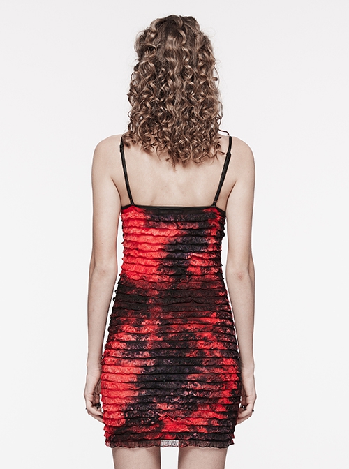 Red And Black Tie Dye Patchwork Taped Knit Front Drawstring Punk Style Hip Hugging Suspender Dress