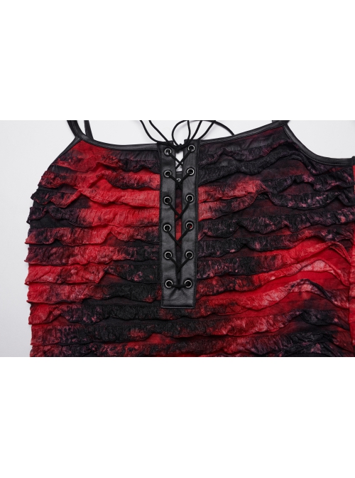 Red And Black Tie Dye Patchwork Taped Knit Front Drawstring Punk Style Hip Hugging Suspender Dress