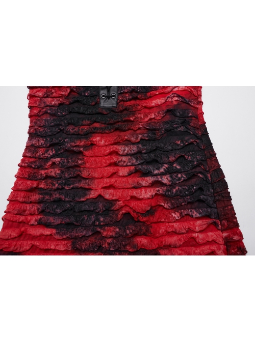 Red And Black Tie Dye Patchwork Taped Knit Front Drawstring Punk Style Hip Hugging Suspender Dress