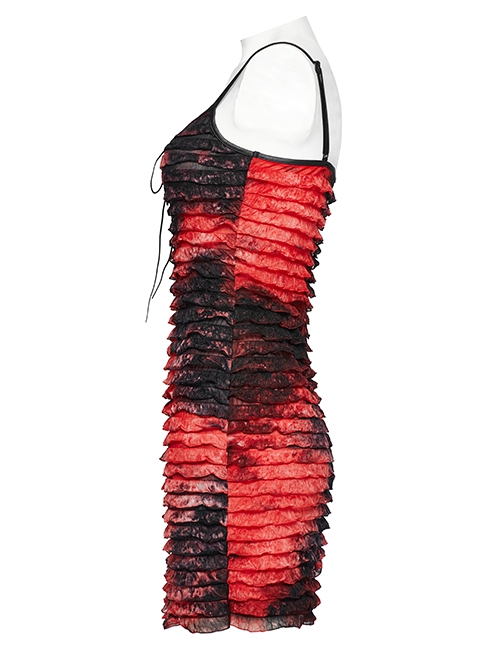 Red And Black Tie Dye Patchwork Taped Knit Front Drawstring Punk Style Hip Hugging Suspender Dress