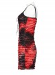 Red And Black Tie Dye Patchwork Taped Knit Front Drawstring Punk Style Hip Hugging Suspender Dress